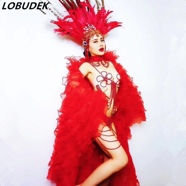 female leading dance stage wear red crystal feather headdress long cloak beading bikini set model catwalk nightclub costume1, Black;red
female leading dance stage wear red crystal feather headdress long cloak beading bikini set model catwalk nightclub costume1, Black;red
