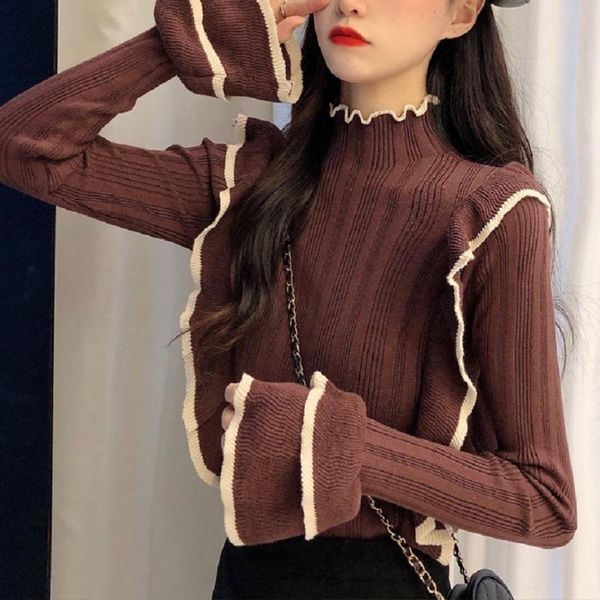 autumn and winter new fashion pullover ruffle trim sweater half high collar knitted for women, White;black
autumn and winter new fashion pullover ruffle trim sweater half high collar knitted for women, White;black