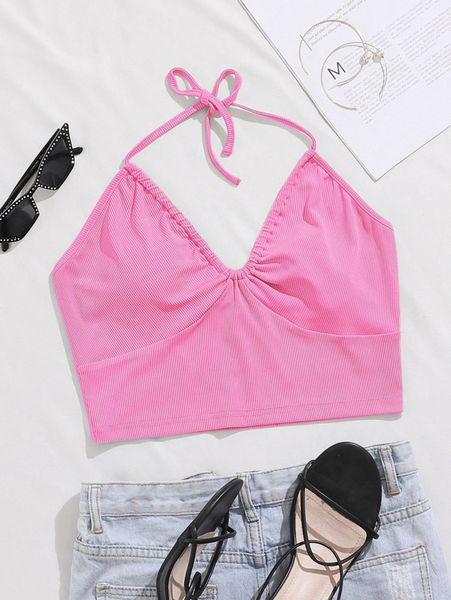 rib-knit crop halter e21c#, White