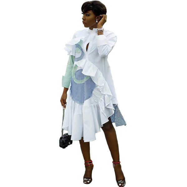 women striped panelled dress ruffle irregular long sleeve stand collar dresses ladies summer clothes, Black;gray
women striped panelled dress ruffle irregular long sleeve stand collar dresses ladies summer clothes, Black;gray