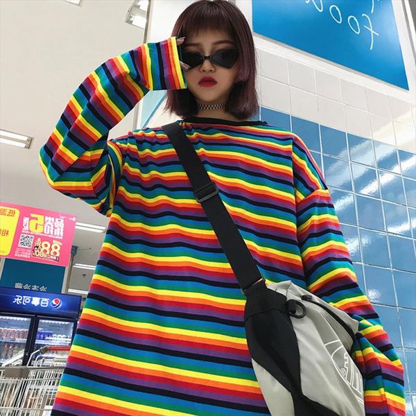 fashion women rainbow striped oversize tshirt autumn short sleeve loose t shirts casual korean clothes streetwear long tees, White
fashion women rainbow striped oversize tshirt autumn short sleeve loose t shirts casual korean clothes streetwear long tees, White
