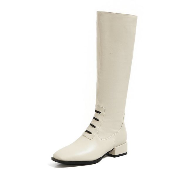 2021 new women knee high boots square toe low heels genuine leather woman party shoes hlyc, Black
