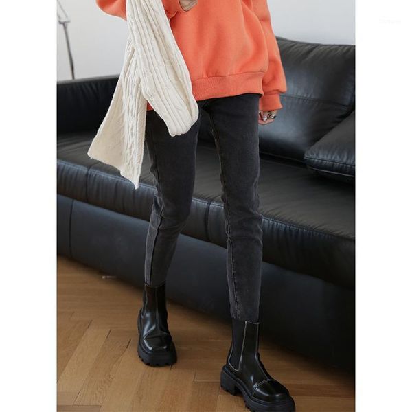 irregular fleece skinny jeans for women 2020 autumn and winter new high waist hong kong style design niche pencil pants1, Blue