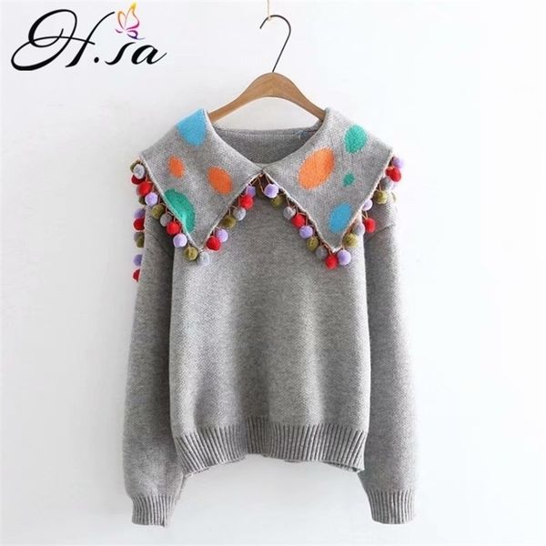 h.sa women cute sweater and pullovers turn down collar ball tassel knit jumpersa grey chic navy style jumpers winter pull 201201, White;black 
h.sa women cute sweater and pullovers turn down collar ball tassel knit jumpersa grey chic navy style jumpers winter pull 201201, White;black