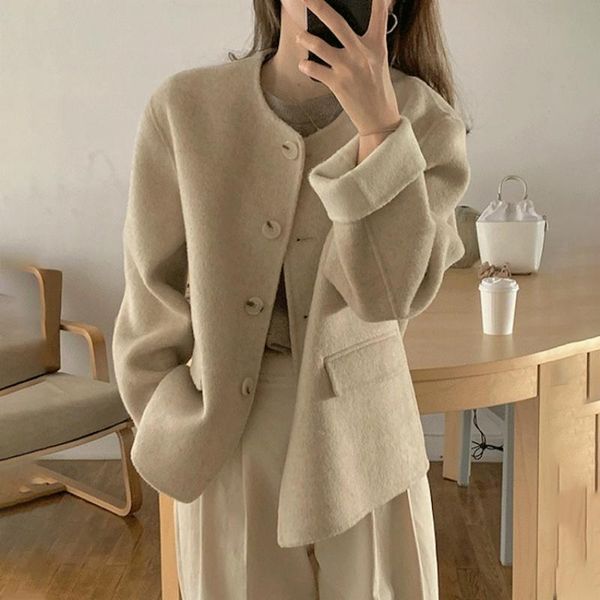 women winter vintage beige short cashmere coat jacket round collar single breasted wool overcoat brief cardigan outerwear, Black
women winter vintage beige short cashmere coat jacket round collar single breasted wool overcoat brief cardigan outerwear, Black