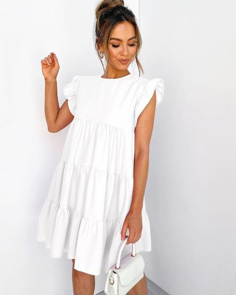 party dresses summer ruffle mini dress women solid color lady o neck casual loose butterfly sleeve short vestidos, White;black
party dresses summer ruffle mini dress women solid color lady o neck casual loose butterfly sleeve short vestidos, White;black