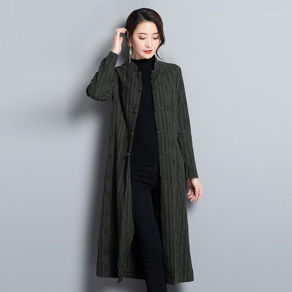 

women's trench coats retro stand-collar autumn cotton jacquard longer section coat jacket women single-breasted slim-type1, Tan;black