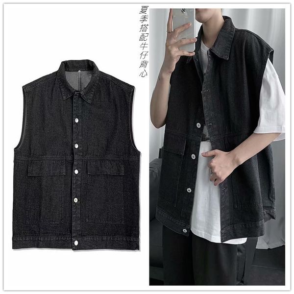 spring and summer denim jacket men's korean loose sleeveless vest, Black;white