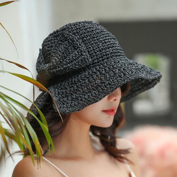 bow sun hat wide brim floppy summer hats for women beach panama straw dome bucket hat femme shade, Blue;gray