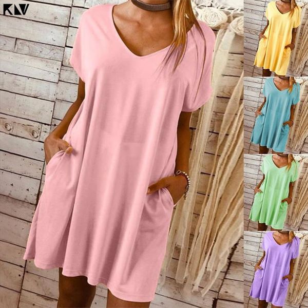 ladies women plus size casual plain v neck dress loose long solid short sleeve mini dress with pockets, Black;gray
ladies women plus size casual plain v neck dress loose long solid short sleeve mini dress with pockets, Black;gray