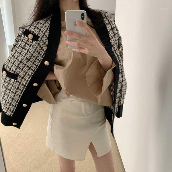 cbafu lazy plaid cardigan for women casual loose autumn clothing single breasted knitted woolen coats black white sweater f7951
cbafu lazy plaid cardigan for women casual loose autumn clothing single breasted knitted woolen coats black white sweater f7951