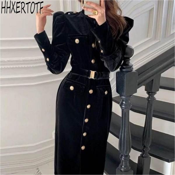 spring korea chic elegant stand collar women puff sleeve single-breasted velvet dress with belted vestidos, Black;gray
spring korea chic elegant stand collar women puff sleeve single-breasted velvet dress with belted vestidos, Black;gray