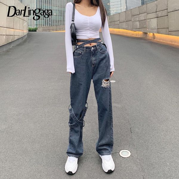 women's jeans darlingaga streetwear belt hole high waist casual straight long denim pants ripped baggy femme pantalon, Blue
women's jeans darlingaga streetwear belt hole high waist casual straight long denim pants ripped baggy femme pantalon, Blue