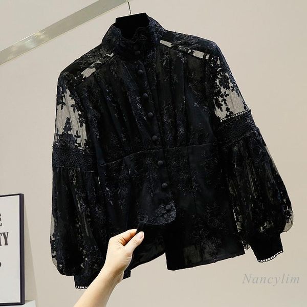 lantern sleeve lace blouse women stand collar single-breasted crocheted hollow out perspective shirt 2020 new elegant lady's top, White
lantern sleeve lace blouse women stand collar single-breasted crocheted hollow out perspective shirt 2020 new elegant lady's top, White