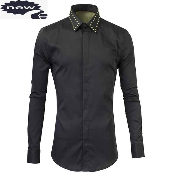 metal rivets gold and silver black men shirt new fashion male turn down collar casual shirts long sleeved c1210, White;black
metal rivets gold and silver black men shirt new fashion male turn down collar casual shirts long sleeved c1210, White;black