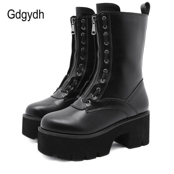gdgydh women's mid calf boots with zipper on the front leather block heel gothic black punk style platform shoes female footwear 
gdgydh women's mid calf boots with zipper on the front leather block heel gothic black punk style platform shoes female footwear
