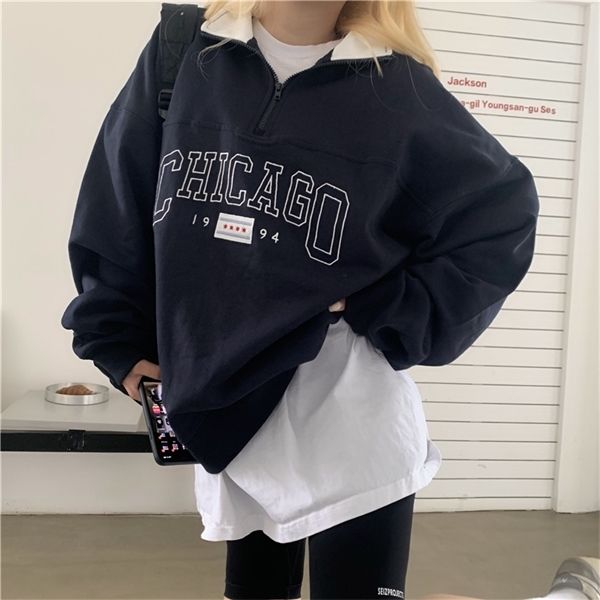 dark blue letter printing zip up collar sweatshirt women vintage brand fashion oversized loose casual streetwear new long sleeve q1217, Black;white 
dark blue letter printing zip up collar sweatshirt women vintage brand fashion oversized loose casual streetwear new long sleeve q1217, Black;white