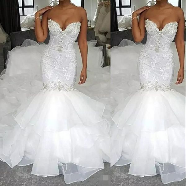 2021 vintage african mermaid wedding dresses sweetheart lace appliques beads chapel train organza ruffles tiered formal bridal gowns, White
2021 vintage african mermaid wedding dresses sweetheart lace appliques beads chapel train organza ruffles tiered formal bridal gowns, White