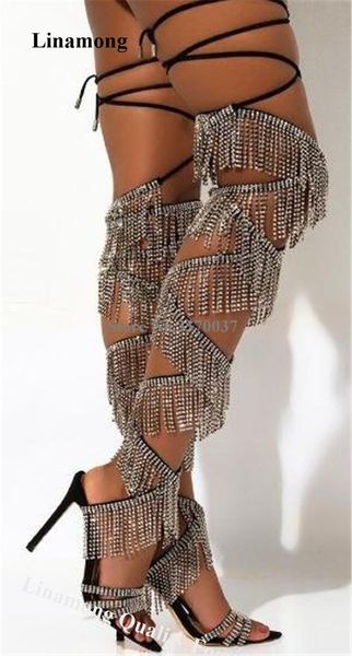 boots linamong bling rhinestone tassels stiletto heel over knee gladaitor sandals thin straps crystal fringes sandal, Black
boots linamong bling rhinestone tassels stiletto heel over knee gladaitor sandals thin straps crystal fringes sandal, Black
