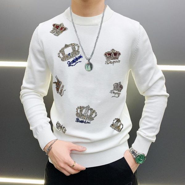european and american fashion brand men's sweater crown cartoon rhinestone pullover slim stretch knitted garment, White;black
european and american fashion brand men's sweater crown cartoon rhinestone pullover slim stretch knitted garment, White;black