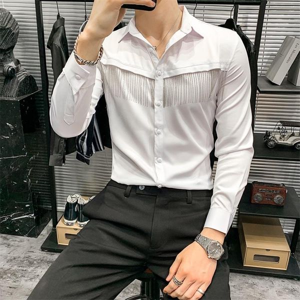 men's casual shirts spring fashion long sleeve tassel decor tuxedo for men clothing 2021 simple solid slim fit dress blouse homme, White;black
men's casual shirts spring fashion long sleeve tassel decor tuxedo for men clothing 2021 simple solid slim fit dress blouse homme, White;black