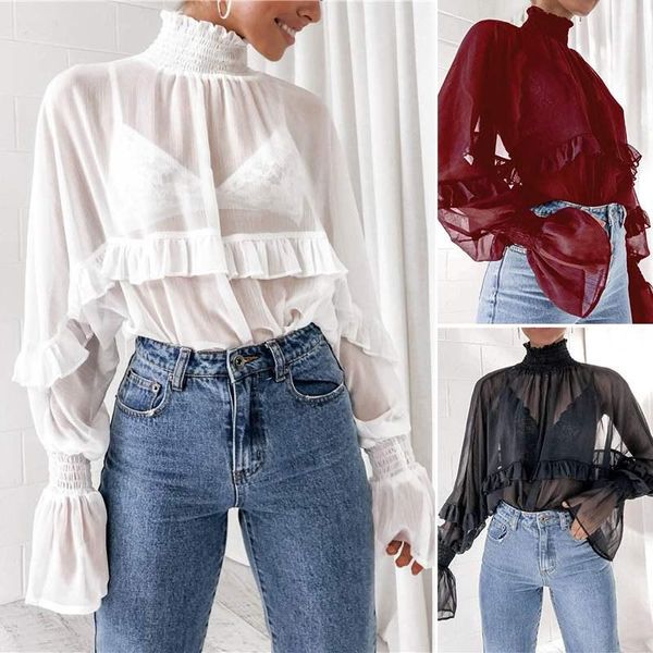 women blouses elegant solid lace summer see-through casual turtleneck long flare sleeve ruffle shirts, White
women blouses elegant solid lace summer see-through casual turtleneck long flare sleeve ruffle shirts, White