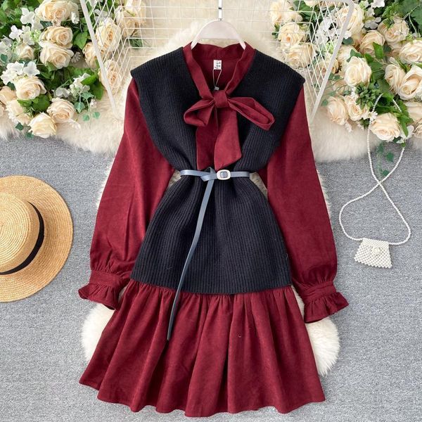 singrain women korean solid dress elegant bow drawstring puff sleeve a line dress autumn sashes knitted vest two-piece1, Black;gray
singrain women korean solid dress elegant bow drawstring puff sleeve a line dress autumn sashes knitted vest two-piece1, Black;gray