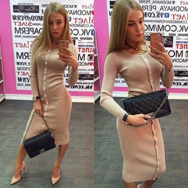 long sleeve midi women dresses party autumn winter package hip sheath bodycon dress knit casual solid buttons office dress lx062, Black;gray
long sleeve midi women dresses party autumn winter package hip sheath bodycon dress knit casual solid buttons office dress lx062, Black;gray