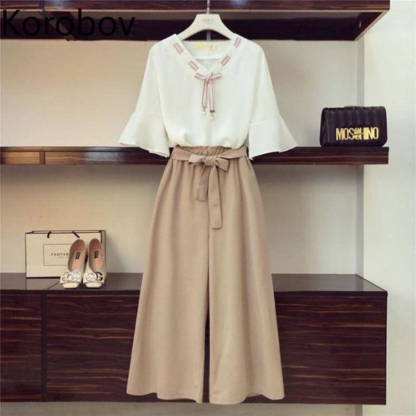 korobov two piece set korean flare short sleeve v neck blouse and lacing bow elastics waist wide leg pants suits 783551, White
korobov two piece set korean flare short sleeve v neck blouse and lacing bow elastics waist wide leg pants suits 783551, White