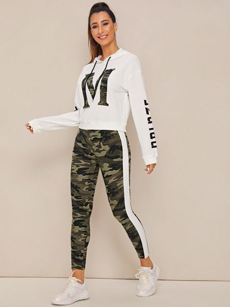 letter and camo hoodie and contrast sideseam leggings set x41l#, White
letter and camo hoodie and contrast sideseam leggings set x41l#, White