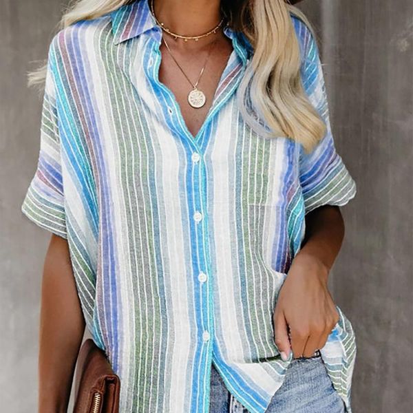 wepbel women shirts short sleeve plus size blouses casual multi-color stripe shirt button summer female casual, White
wepbel women shirts short sleeve plus size blouses casual multi-color stripe shirt button summer female casual, White