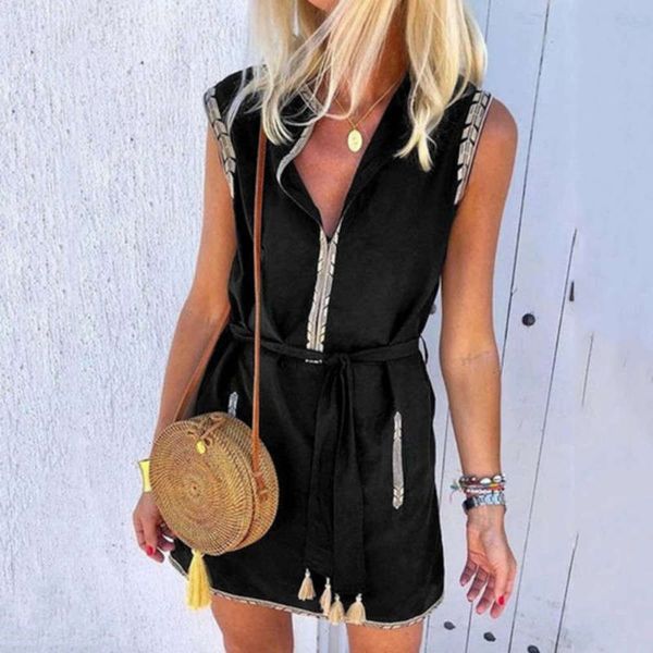 stitching 2020 new water chestnut print tassel bandage waist closing dress, Black;gray
stitching 2020 new water chestnut print tassel bandage waist closing dress, Black;gray