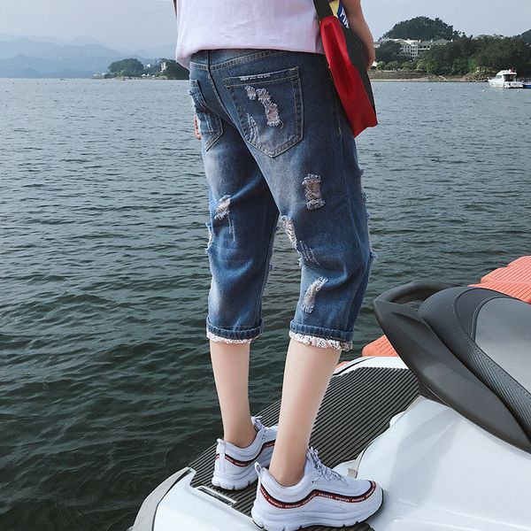 summer new large size slim hole patch calf length pants men's fashion skinny casual jeans, Blue
summer new large size slim hole patch calf length pants men's fashion skinny casual jeans, Blue