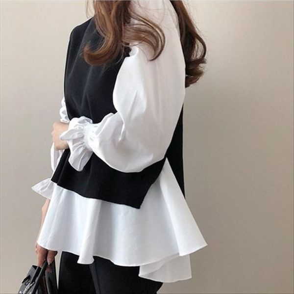 2020 autumn women white ruffled long sleeve shirt black o neck pullover sleeveless vest office casual knitted vest 2 piece set
2020 autumn women white ruffled long sleeve shirt black o neck pullover sleeveless vest office casual knitted vest 2 piece set