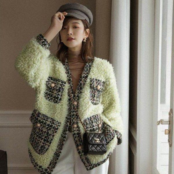 women's wool & blends green loose clothes streetwear single-breasted turn-down collar lambskin short winter tweed coat for women c478, Black
women's wool & blends green loose clothes streetwear single-breasted turn-down collar lambskin short winter tweed coat for women c478, Black