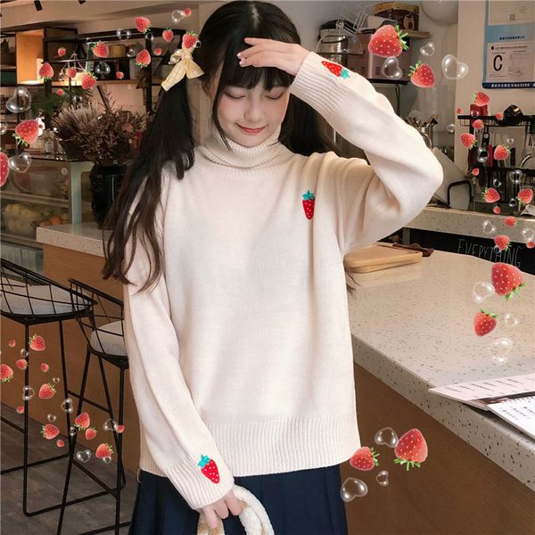 autumn winter strawberry embroidery turtleneck knitting sweater female casual long sleeve pullover women coat h1211, White;black
autumn winter strawberry embroidery turtleneck knitting sweater female casual long sleeve pullover women coat h1211, White;black