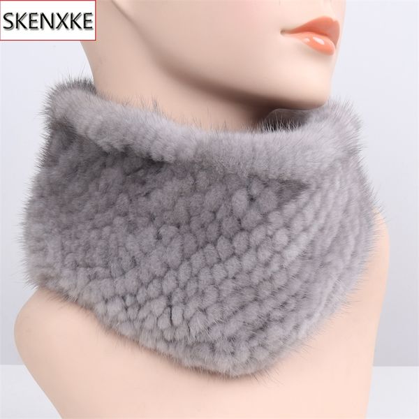 new women winter real mink fur scarves headbands good elastic knitted natural mink fur scarf thick warm lady fur ring shawl 201218, Blue;gray