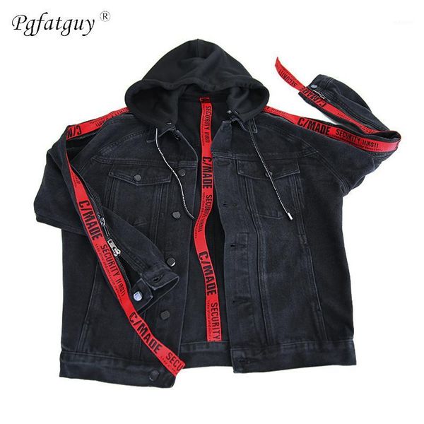 new hooded denim jacket trendy style stitching zipper hit color letters weaving bands loose couple jeans jacket removable cap1, Black;brown
new hooded denim jacket trendy style stitching zipper hit color letters weaving bands loose couple jeans jacket removable cap1, Black;brown