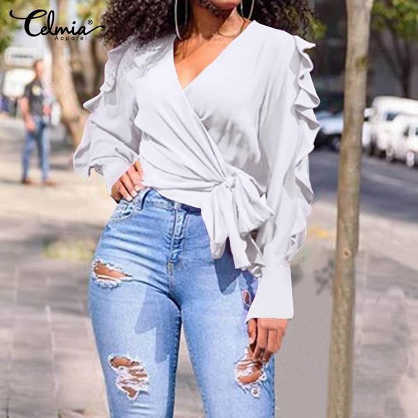 women's blouses & shirts celmia fashion elegant long sleeve ruffles women v-neck solid tunic casual bandage ladies blusas 2021, White
women's blouses & shirts celmia fashion elegant long sleeve ruffles women v-neck solid tunic casual bandage ladies blusas 2021, White