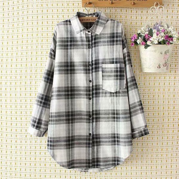blouse female plaid big sleeve long casual black classic streetwear cftj, White