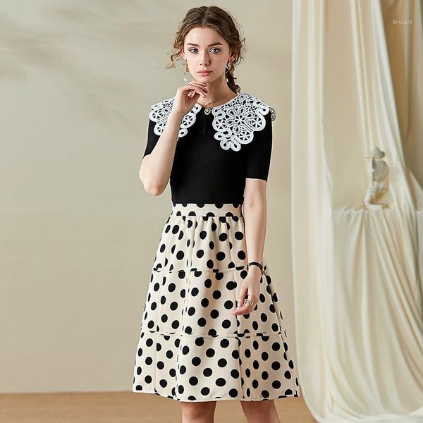 two piece skirt set women 2020 spring summer fashion beading patchwork short sleeve knitted + polka dot skirt two piece set1, White
two piece skirt set women 2020 spring summer fashion beading patchwork short sleeve knitted + polka dot skirt two piece set1, White