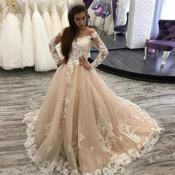 long sleeves lace wedding dresses with appliques scoop neck sweep train tulle a line plus size wedding bridal gowns, White
long sleeves lace wedding dresses with appliques scoop neck sweep train tulle a line plus size wedding bridal gowns, White