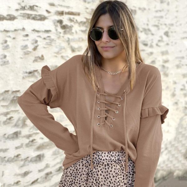 women blouse 2020 deep v-neck lace-up ruffled long-sleeved autumn winter solid color knitted blouse shirts femme blusa, White
women blouse 2020 deep v-neck lace-up ruffled long-sleeved autumn winter solid color knitted blouse shirts femme blusa, White