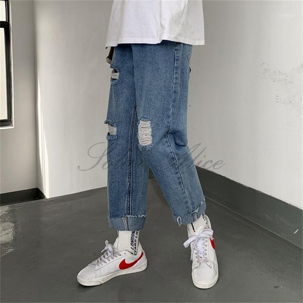 2020 men's spring / summer new mid-waist ripped ankle-length jeans straight casual pants loose teen rotten edge1, Blue
2020 men's spring / summer new mid-waist ripped ankle-length jeans straight casual pants loose teen rotten edge1, Blue