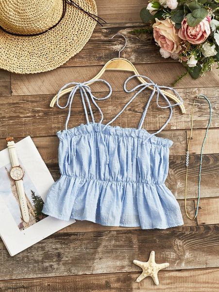 knot shoulder swiss dot ruffle hem cami q1gy#, White 
knot shoulder swiss dot ruffle hem cami q1gy#, White