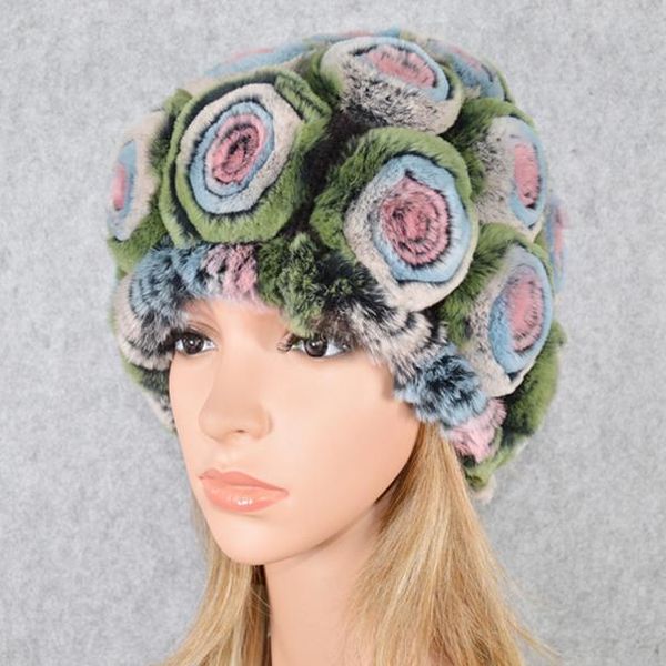 handmade вязаные цветы натуральный 100 натуральный рекс кролика меховые шапки зимние теплые женщины rex кролика меховые колпачки вязаные цве