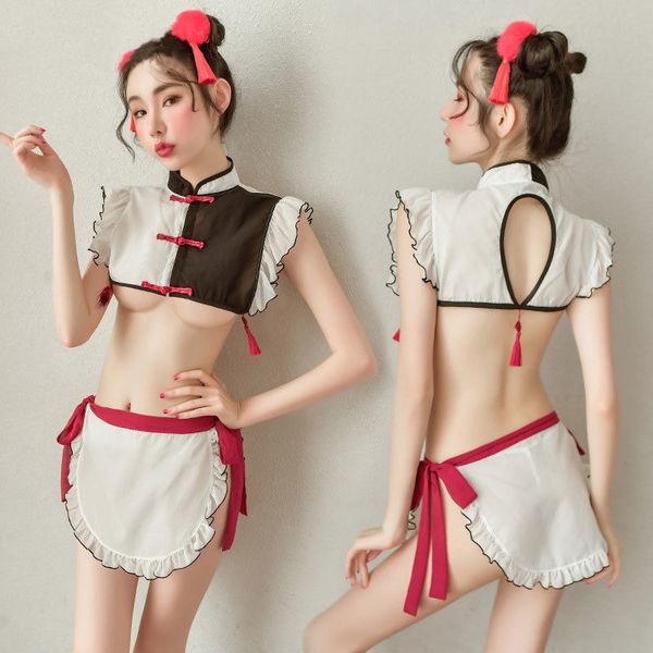 shredded female lingerie see through chinese retro maid cosplay uniform hollow out without back erotic nightwear, Black;white
shredded female lingerie see through chinese retro maid cosplay uniform hollow out without back erotic nightwear, Black;white