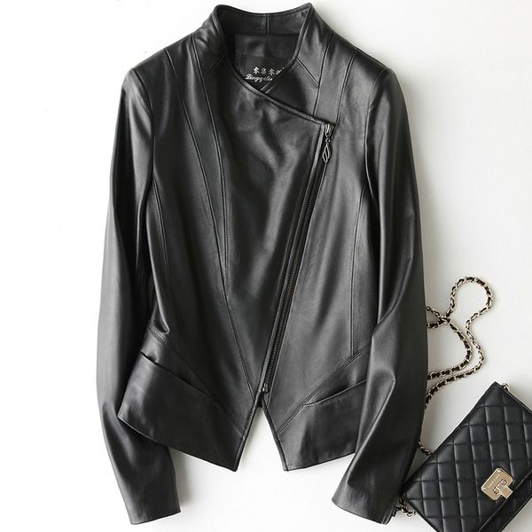 2021 new genuine lambskin leather fine spring fit short fall motorcycle female jacket 227 kj4075 8mvu, Black