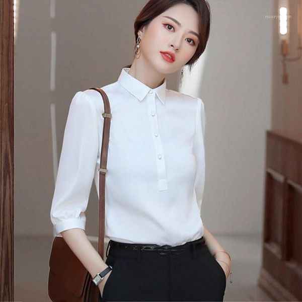 female turn-down collar satin shirts women button half sleeve thin 1, White 
female turn-down collar satin shirts women button half sleeve thin 1, White