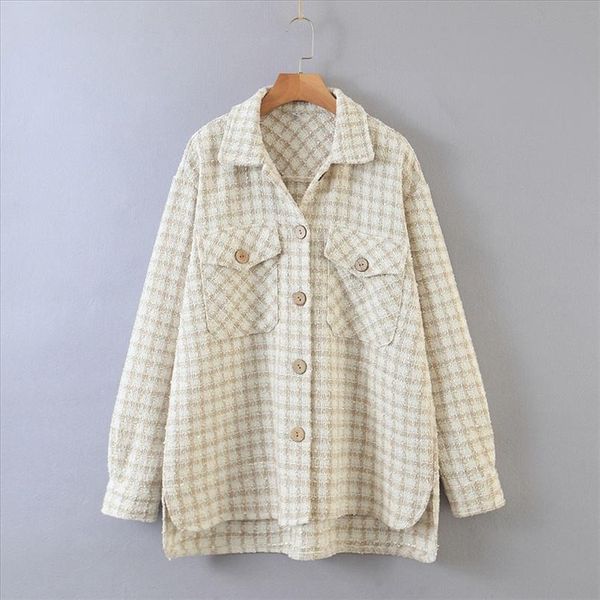 2020 autumn new ladies coat lapel long sleeved sand color plaid pocket buttoned lady temperament shirt jacket, White
2020 autumn new ladies coat lapel long sleeved sand color plaid pocket buttoned lady temperament shirt jacket, White